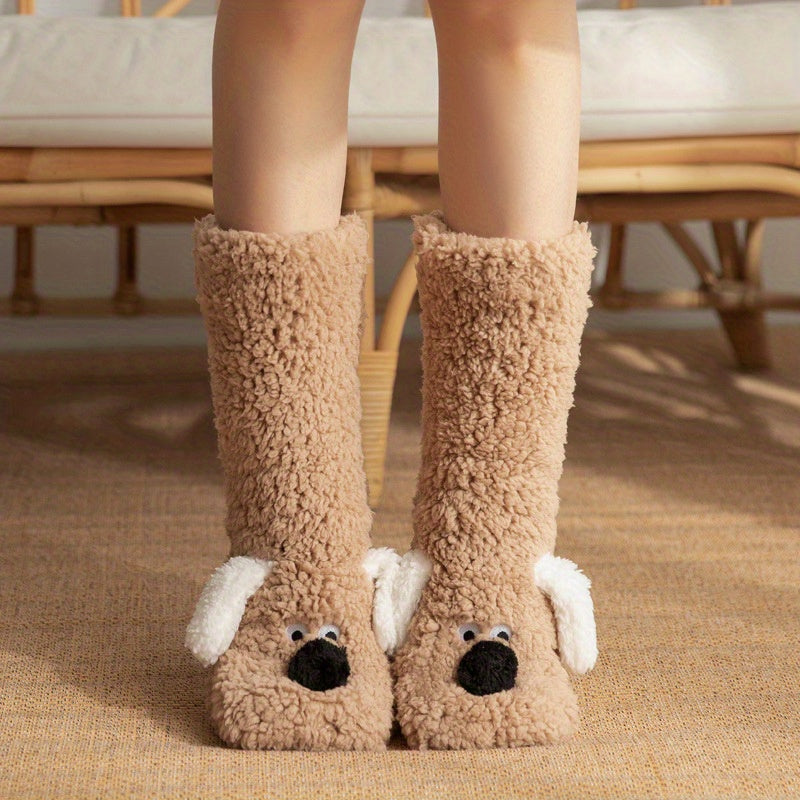 Warm & Soft Plush Cozy Cartoon Dog Winter Socks - Non-Slip Floor Slipper Socks with Cute Animal Designs for Home Use, Autumn, Winter