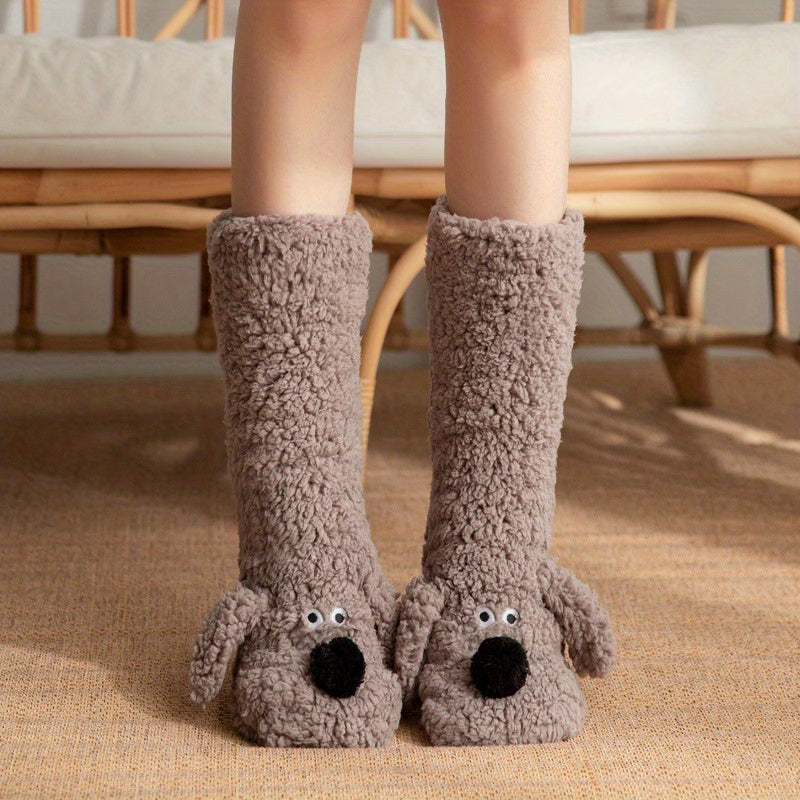 Warm & Soft Plush Cozy Cartoon Dog Winter Socks - Non-Slip Floor Slipper Socks with Cute Animal Designs for Home Use, Autumn, Winter