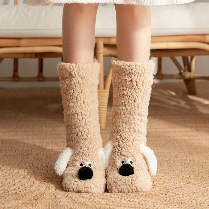 Warm & Soft Plush Cozy Cartoon Dog Winter Socks - Non-Slip Floor Slipper Socks with Cute Animal Designs for Home Use, Autumn, Winter