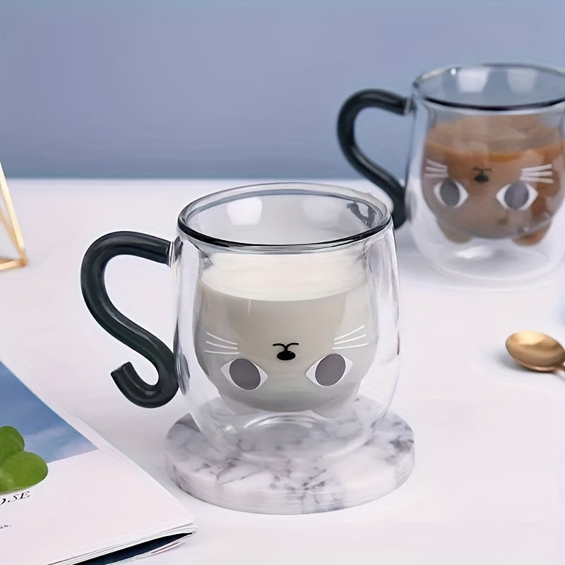 1pc Cute Kawaii Cat Coffee Mug with Double-Wall Insulated Glass Cup, Japanese-Style Brown & White Cat Face Design, Reusable Thermal Cup for Hot/Cold Drinks, Lid Compatible, Perfect Birthday/Christmas Gift for Women & Girls, M