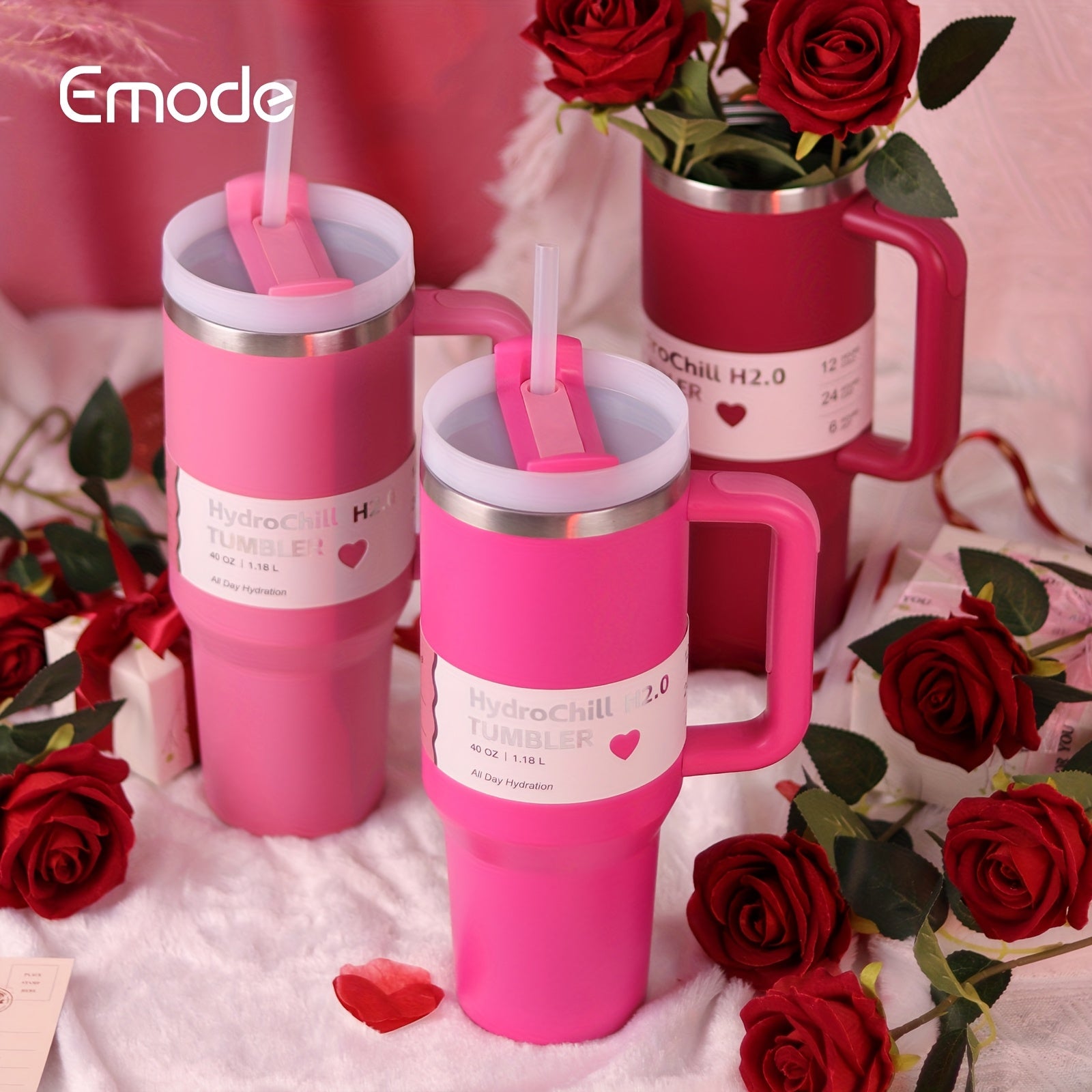 1-Pack emode Valentine's Limited Edition Tumbler - 40oz Double-Wall Insulated Cup with Spill-Proof Lid & Straw Slot, Vacuum Insulated Travel Mug for Hot/Cold Drinks, Elegant Red (304 Stainless Steel) - Valentine's/Mother's Da