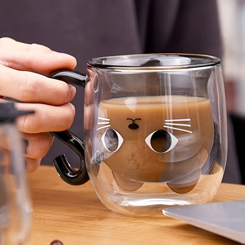 1pc Cute Kawaii Cat Coffee Mug with Double-Wall Insulated Glass Cup, Japanese-Style Brown & White Cat Face Design, Reusable Thermal Cup for Hot/Cold Drinks, Lid Compatible, Perfect Birthday/Christmas Gift for Women & Girls, M