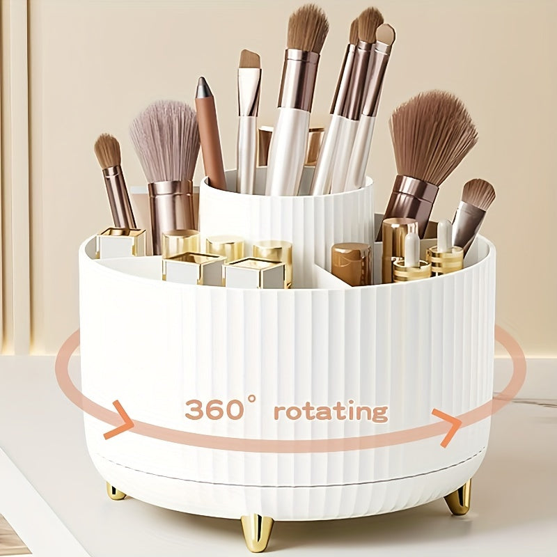 360° Rotating Makeup Organizer - 1pc Plastic Cosmetic Storage with 5 Compartments - Multi-Functional Holder for Brushes, Lipsticks, Skin Care Products, and Stationery - Durable Unscented Desk Caddy with Luxury Stripe Design