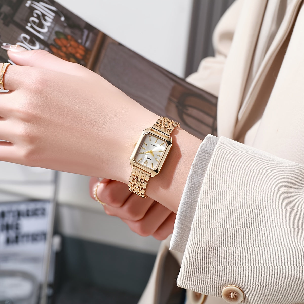 Luxury Golden Rectangle Quartz Watch - Women's Analog Fashion Wrist Watch For Daily Life