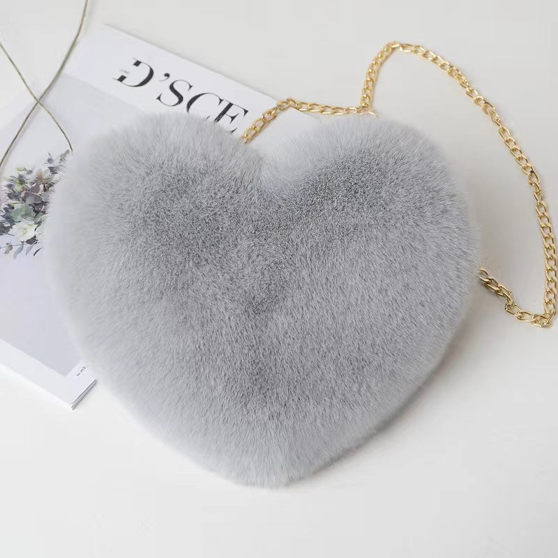 Heart Shaped Plush Bag, Women's Chain Crossbody Bag, Kawaii Zipper Purse For Valentine's Day