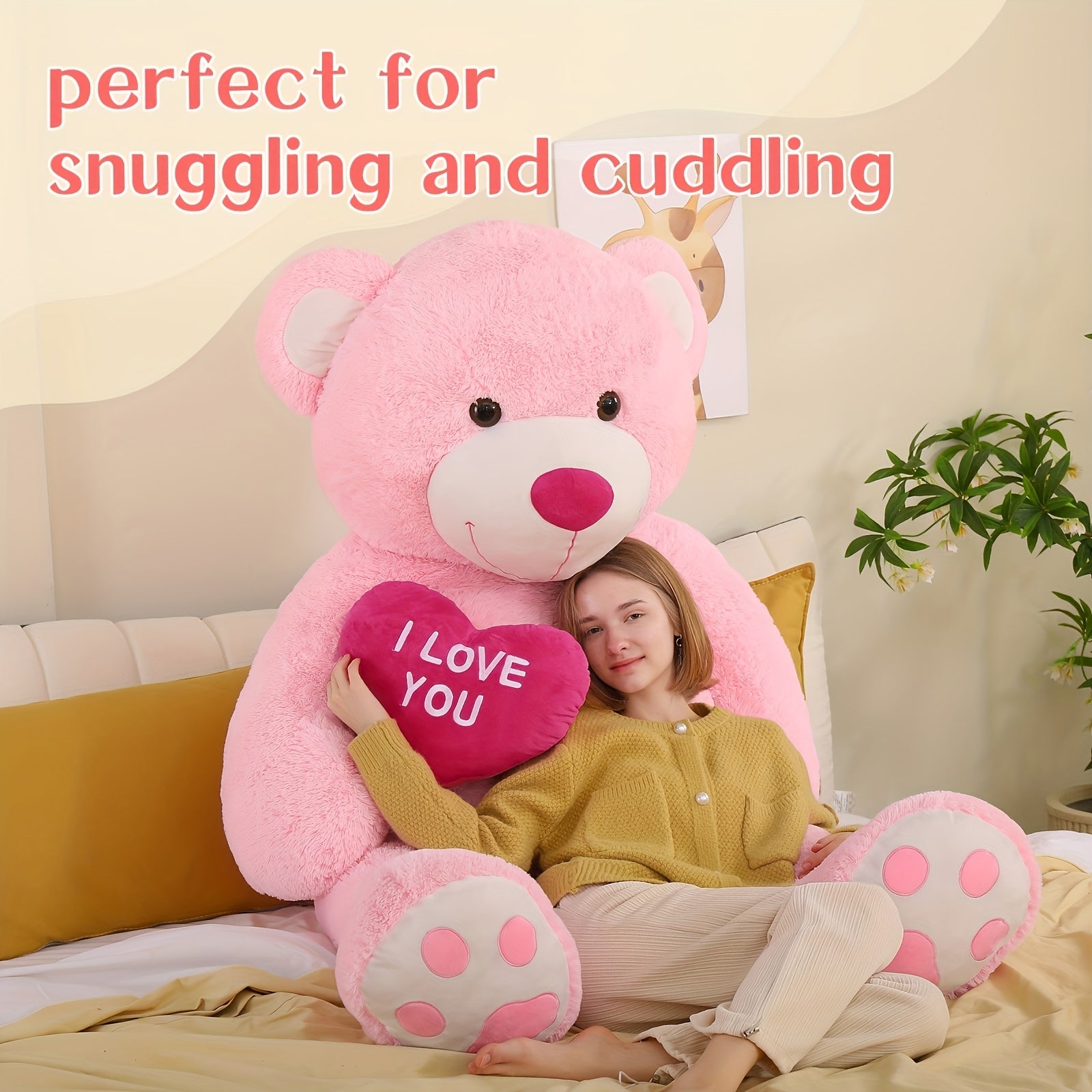 Giant Pink Teddy Bear with Heart, 6ft Polyester Fiber Stuffed Animal, "I Love You" Message, Perfect for Girlfriend, Boyfriend, Wife, Anniversary, Valentine's Day Gift, Stuffed Plushies