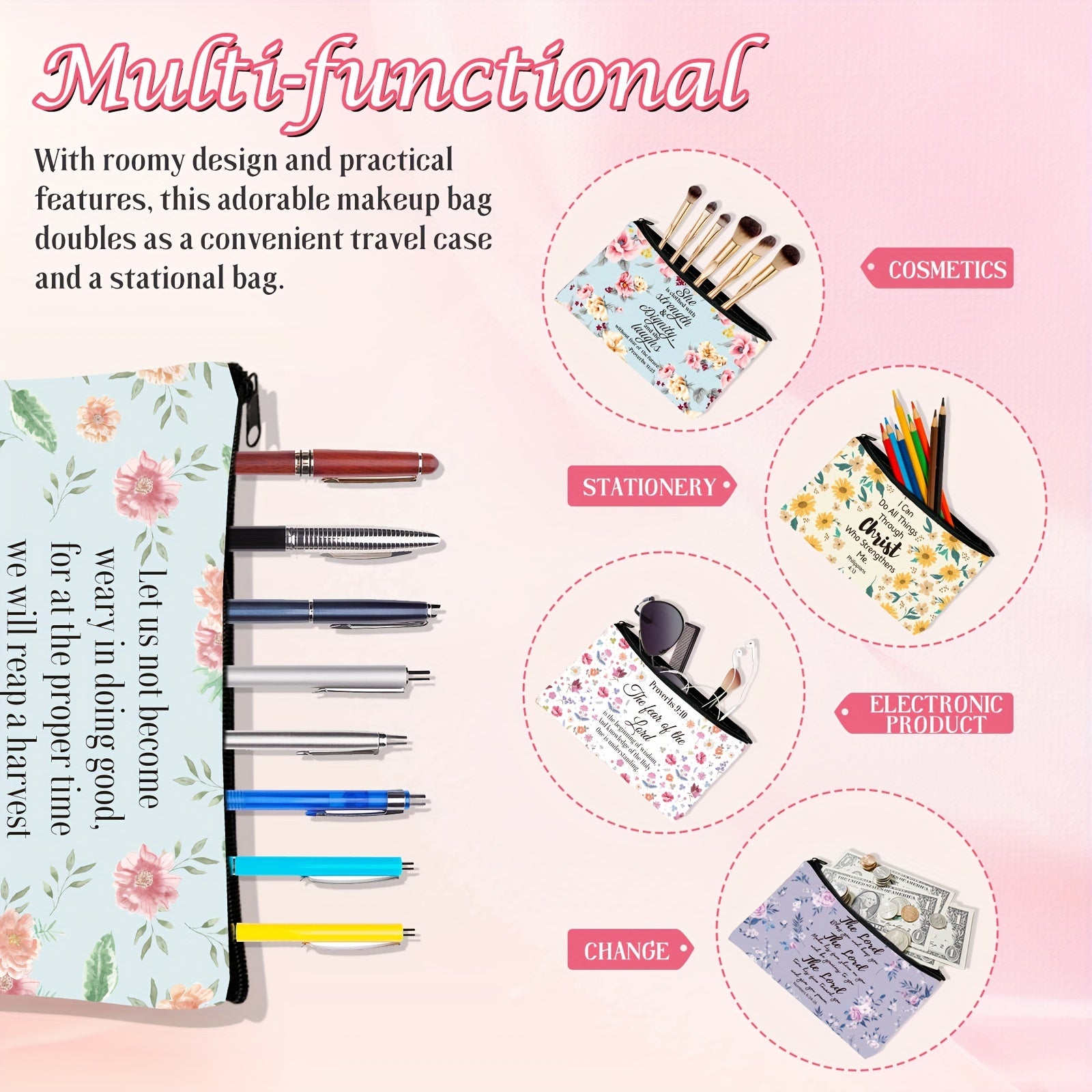 10 Pcs Christian Makeup Bag Bible Pencil Pouch Cover Floral Cosmetic Bags Set Inspirational Religious Gifts Study Supplies For Women, Adults