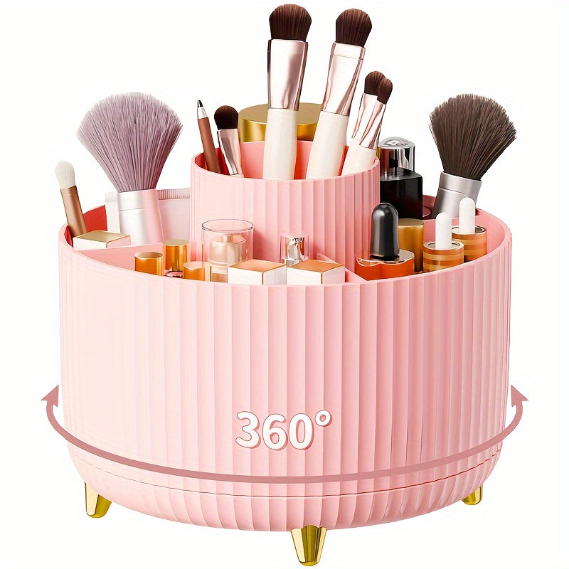 360° Rotating Makeup Organizer - 1pc Plastic Cosmetic Storage with 5 Compartments - Multi-Functional Holder for Brushes, Lipsticks, Skin Care Products, and Stationery - Durable Unscented Desk Caddy with Luxury Stripe Design