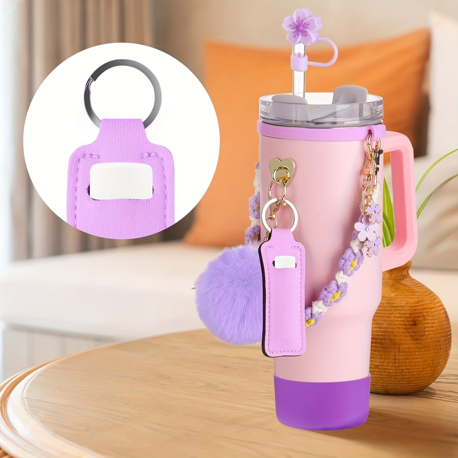 8pcs Cup 30oz 40oz Tumbler Accessories with Handle, Includes Water Bottle Handle Strap, Lipstick Case, Boots, Keychain Charm, Straw Top (Purple)
