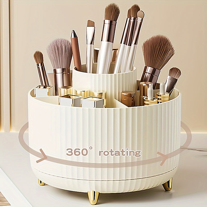 360° Rotating Makeup Organizer - 1pc Plastic Cosmetic Storage with 5 Compartments - Multi-Functional Holder for Brushes, Lipsticks, Skin Care Products, and Stationery - Durable Unscented Desk Caddy with Luxury Stripe Design