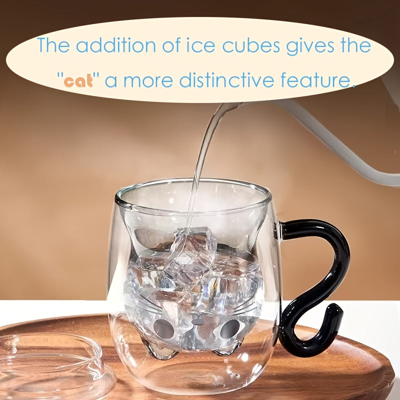 1pc Cute Kawaii Cat Coffee Mug with Double-Wall Insulated Glass Cup, Japanese-Style Brown & White Cat Face Design, Reusable Thermal Cup for Hot/Cold Drinks, Lid Compatible, Perfect Birthday/Christmas Gift for Women & Girls, M