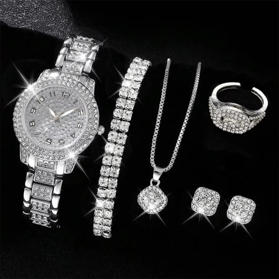 6PCS/SET Silver Women's Watch Business Leisure Element Watch Luxury Dial Quartz Watch Jewelry Set Gift For Her