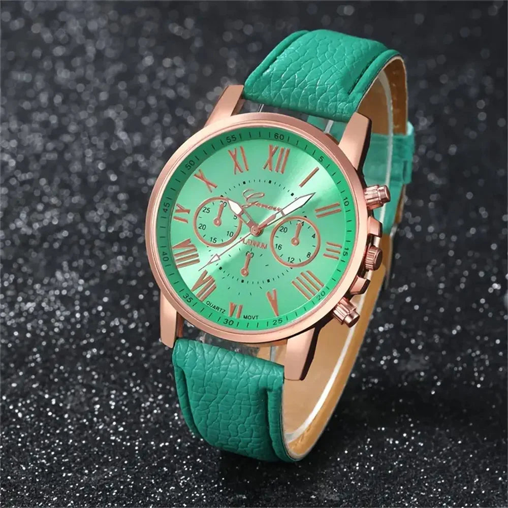 5PCS Women's Watches Fashion Roma Dial Leather Band Quartz Watch(Without Box