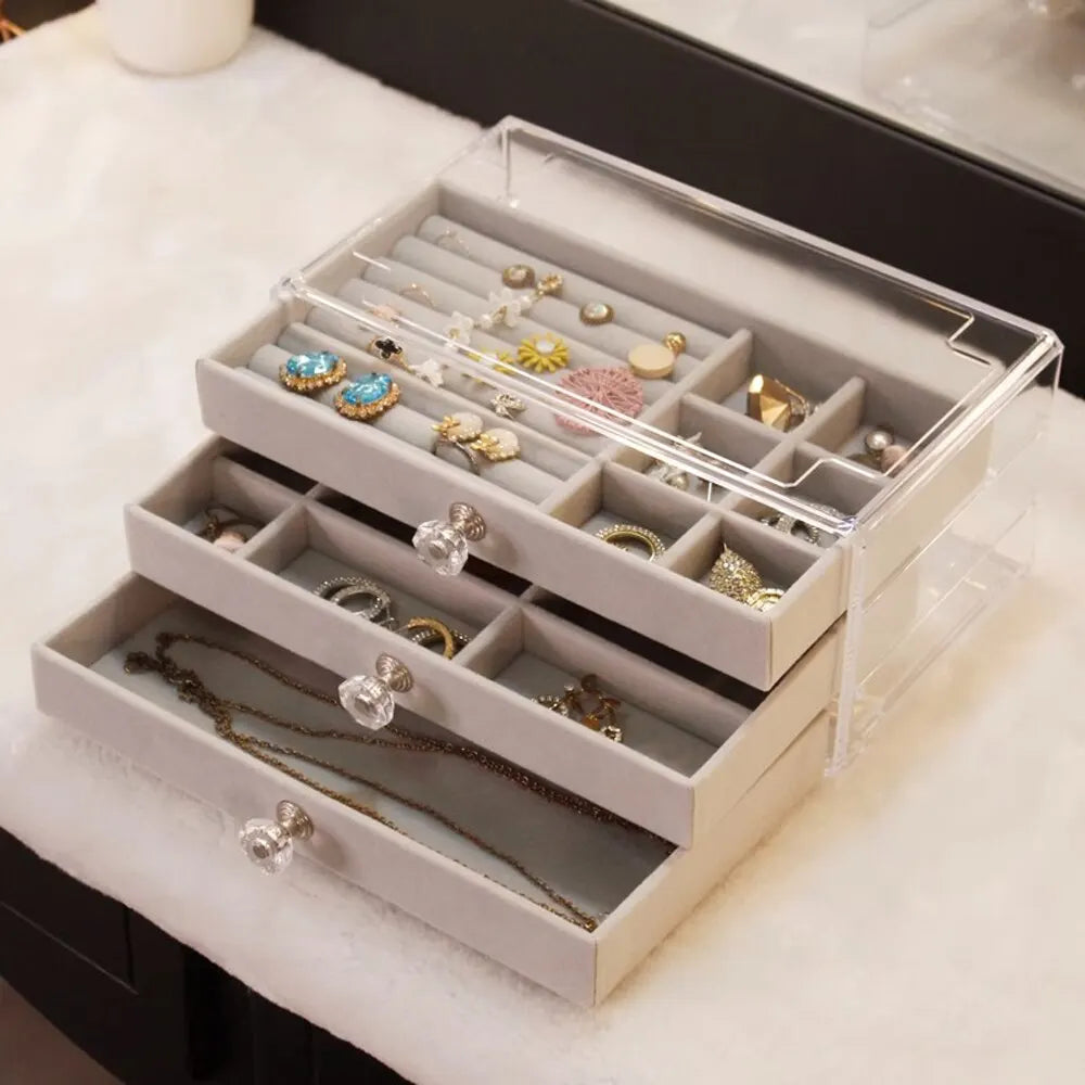 1 High-Capacity 3-Layer Flannel Jewelry Box Drawer – Storage for Earrings, Necklaces & Rings