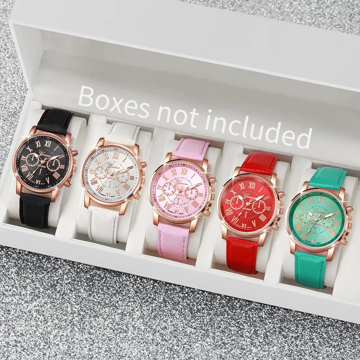5PCS Women's Watches Fashion Roma Dial Leather Band Quartz Watch(Without Box