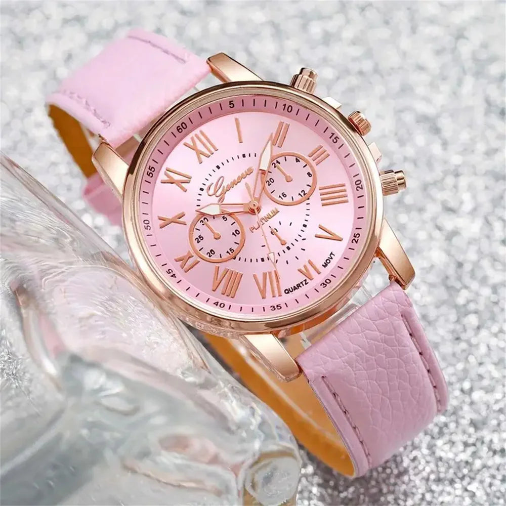 5PCS Women's Watches Fashion Roma Dial Leather Band Quartz Watch(Without Box