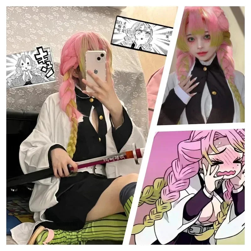 Anime Kanroji Mitsuri Cosplay Costume Kimono Haori Dress Wig Clothes Halloween Costume for Adult Children