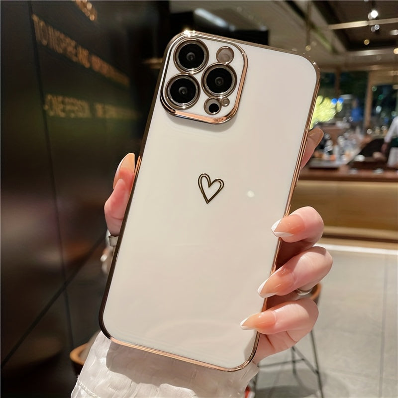 Plating Love Heart Shockproof Soft Phone Case for iPhone 14 13 12 11 Pro Max Plus Lens Camera Protective Cover