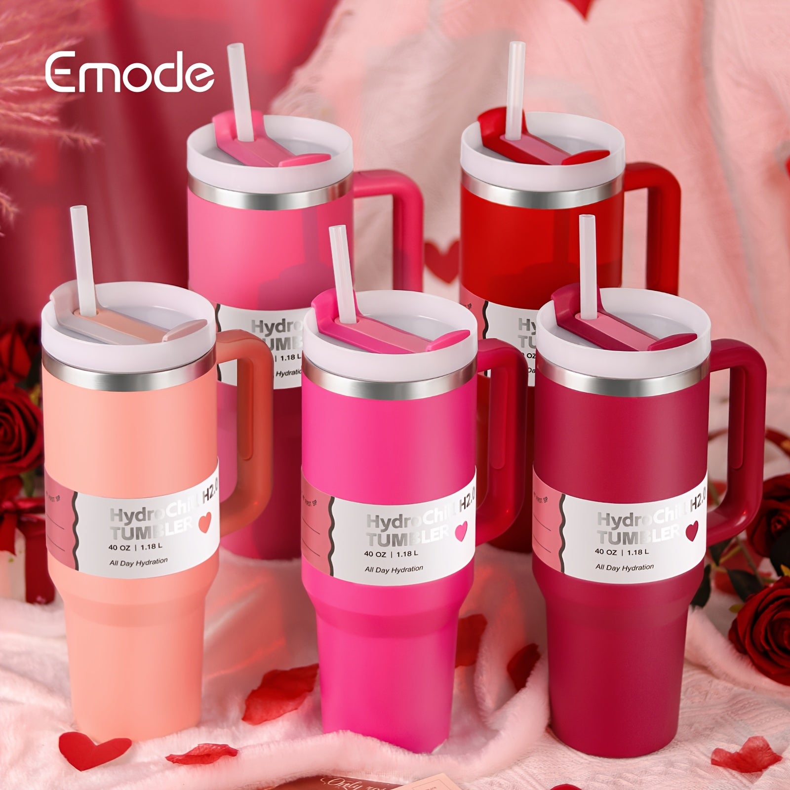 1-Pack emode Valentine's Limited Edition Tumbler - 40oz Double-Wall Insulated Cup with Spill-Proof Lid & Straw Slot, Vacuum Insulated Travel Mug for Hot/Cold Drinks, Elegant Red (304 Stainless Steel) - Valentine's/Mother's Da