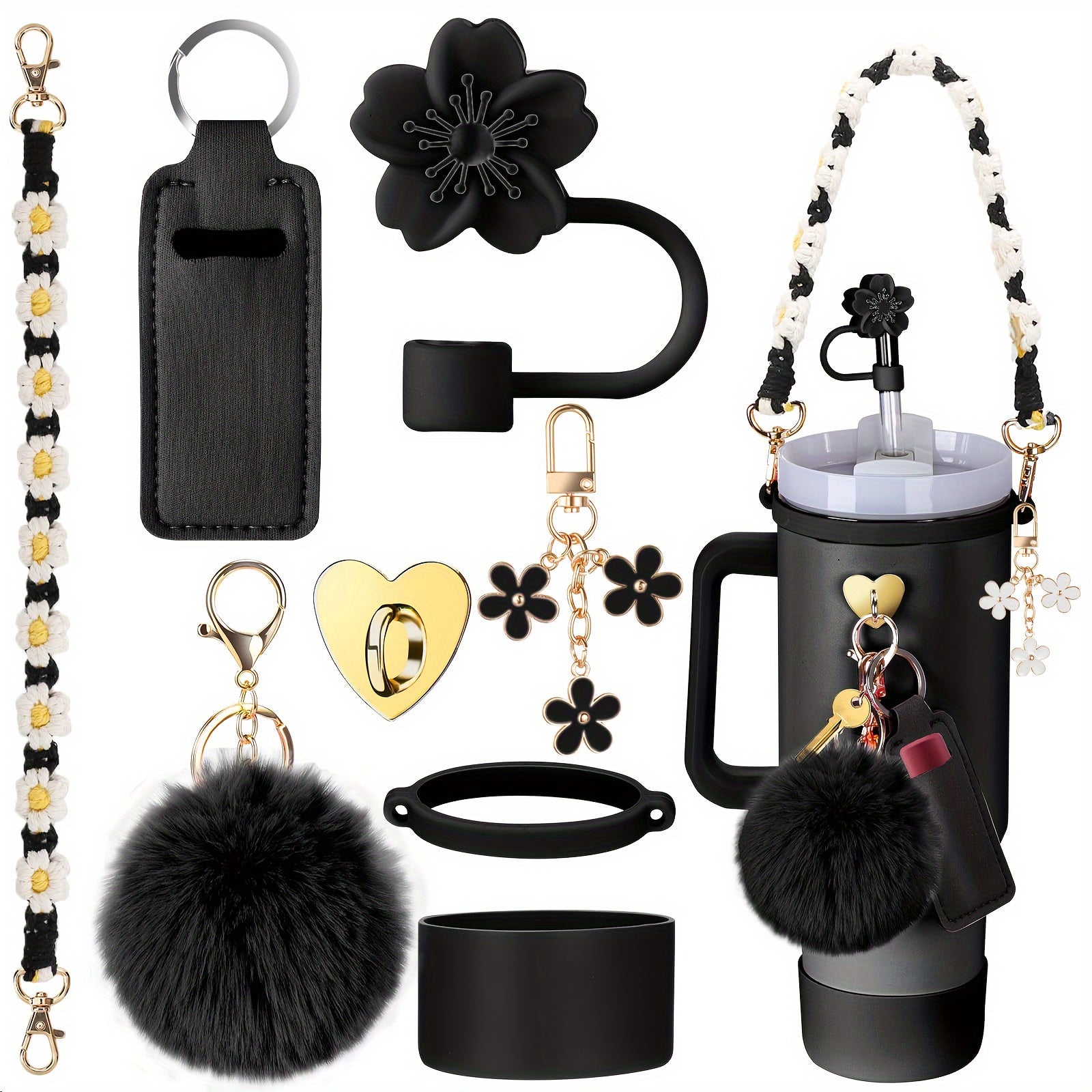 8pcs Cup 30oz 40oz Tumbler Accessories with Handle, Includes Water Bottle Handle Strap, Lipstick Case, Boots, Keychain Charm, Straw Top (Purple)