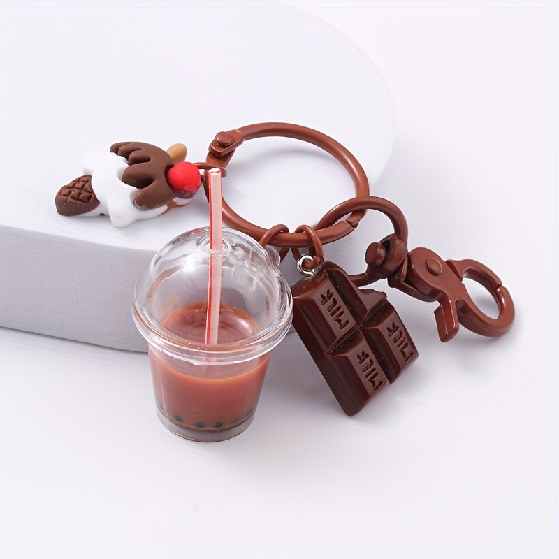 Cartoon Boba Tea Chocolate Keychain Resin Cute Key Ring Purse Bag Backpack Car Key Charm Women  Christmas Gift