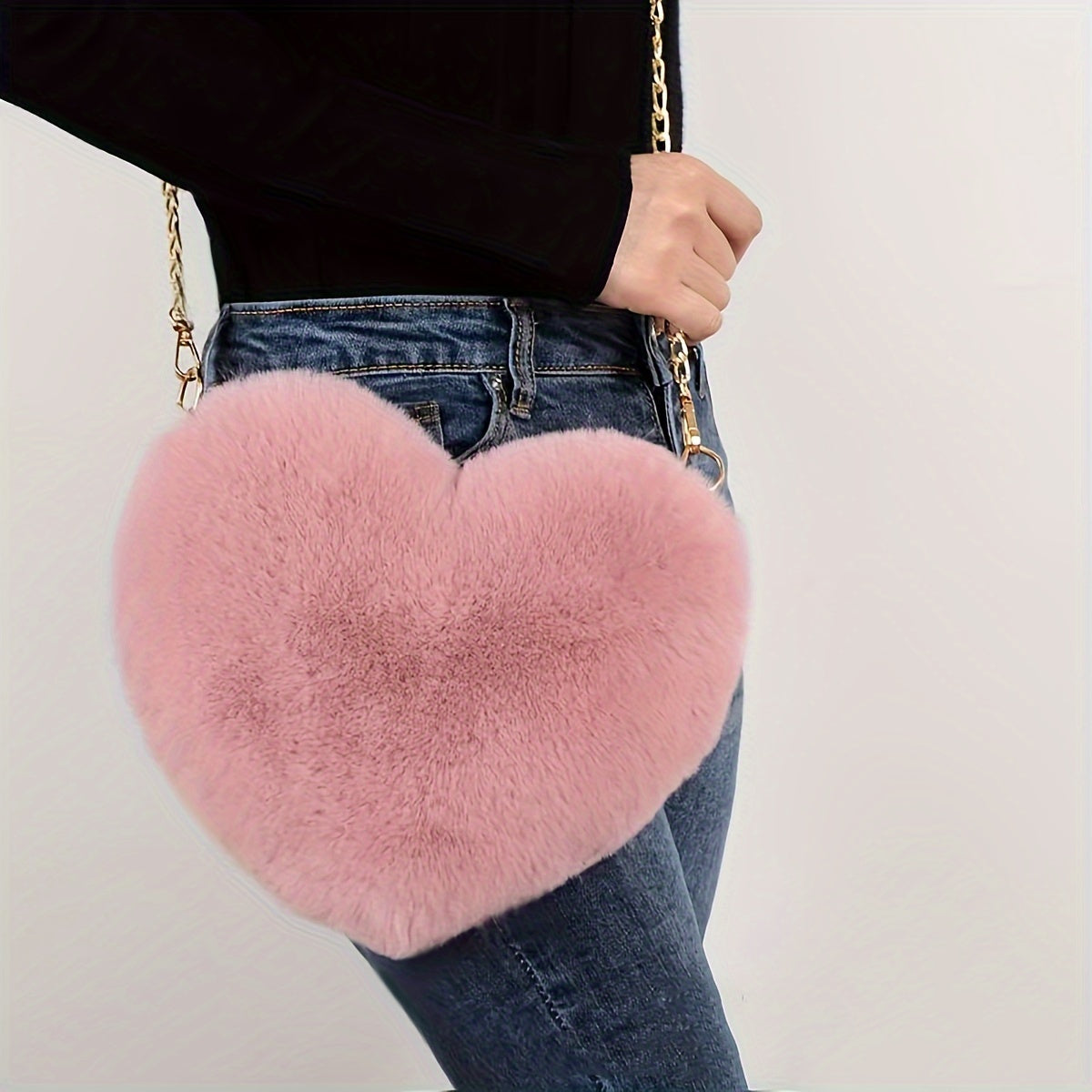 Heart Shaped Plush Bag, Women's Chain Crossbody Bag, Kawaii Zipper Purse For Valentine's Day