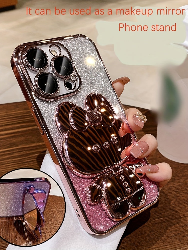Deluxe Electroplated Phone Case, Invisible Makeup Mirror, Cute Rabbit Phone Holder And Hidden Bracket Shockproof Ultra-thin Protection Suitable For IPhone 11/12/13/14/15 Pro Max