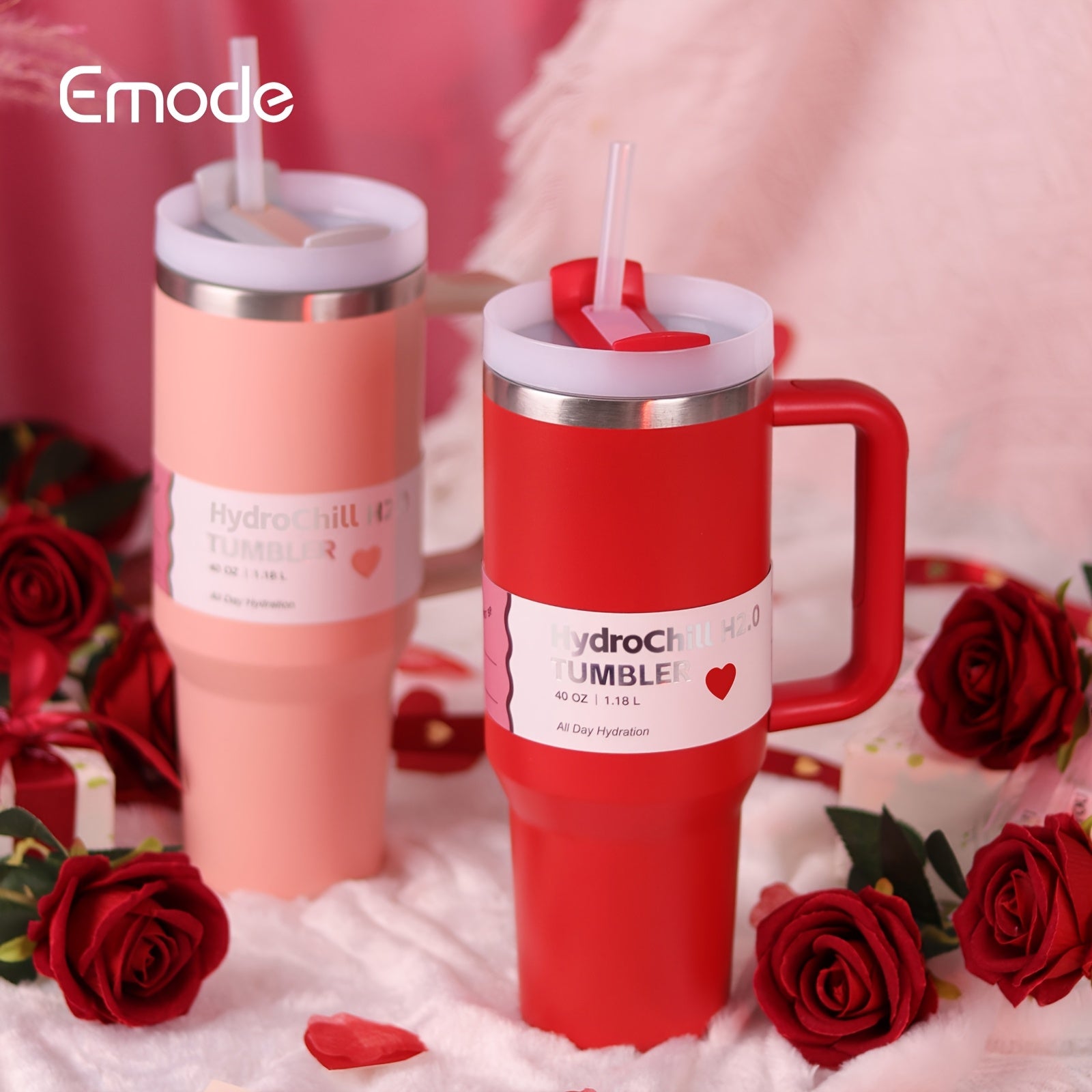 1-Pack emode Valentine's Limited Edition Tumbler - 40oz Double-Wall Insulated Cup with Spill-Proof Lid & Straw Slot, Vacuum Insulated Travel Mug for Hot/Cold Drinks, Elegant Red (304 Stainless Steel) - Valentine's/Mother's Da