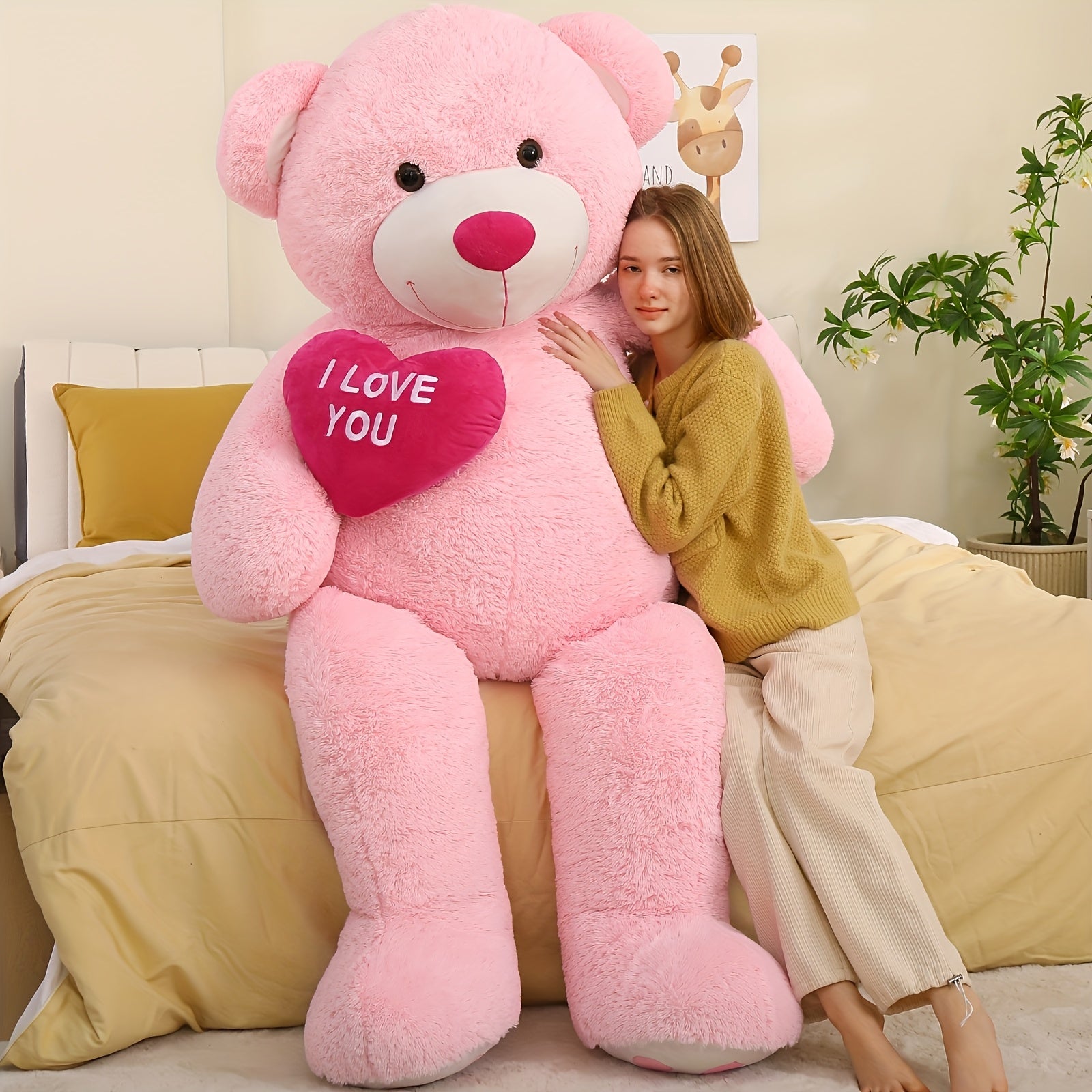 Giant Pink Teddy Bear with Heart, 6ft Polyester Fiber Stuffed Animal, "I Love You" Message, Perfect for Girlfriend, Boyfriend, Wife, Anniversary, Valentine's Day Gift, Stuffed Plushies
