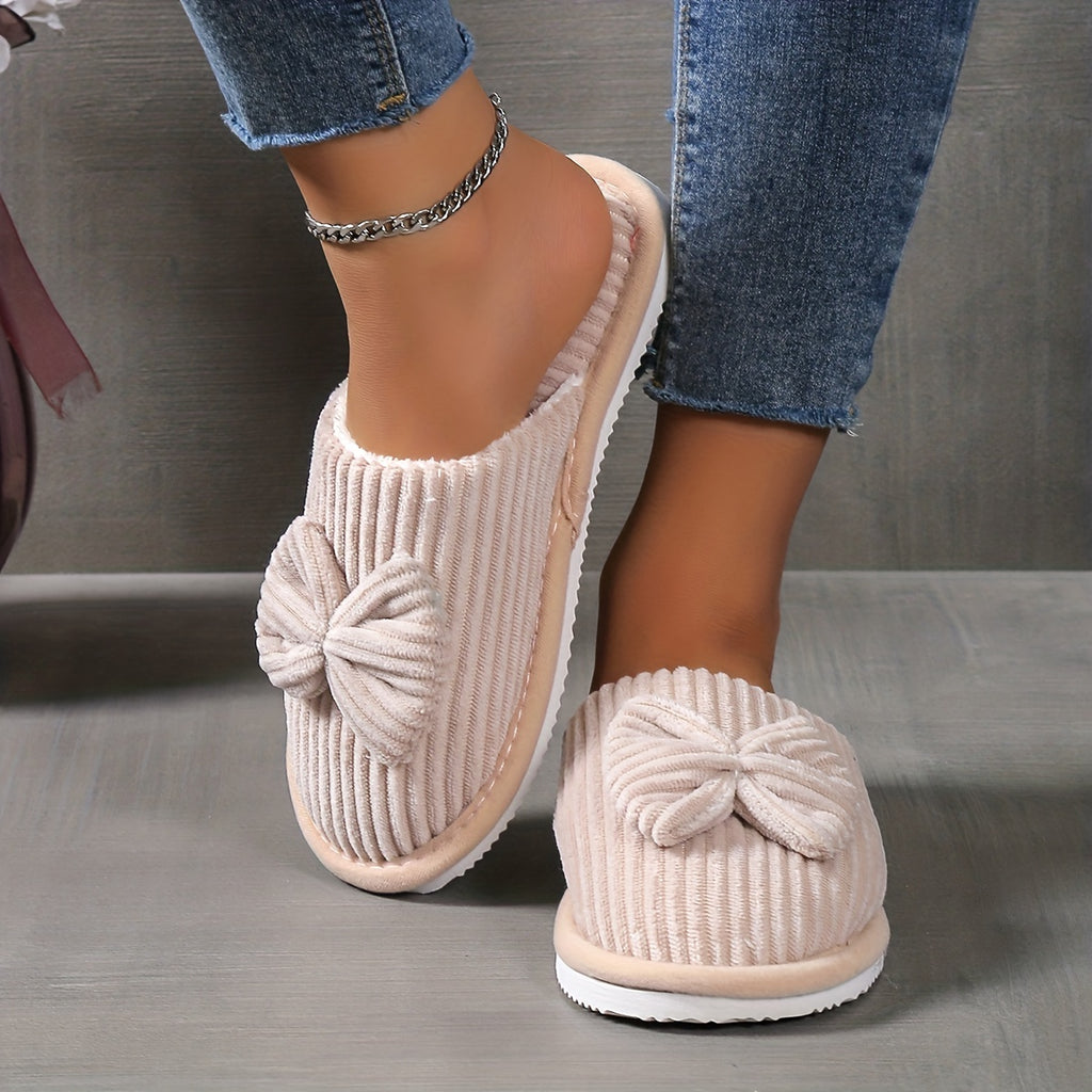 [Cozy Slippers] Cozy Fleece-Lined Women's Slip-On Winter Slippers | Soft All-Season Indoor House Shoes for Home & Couples, Casual Slip-On Design with Bow Detail, EVA Sole