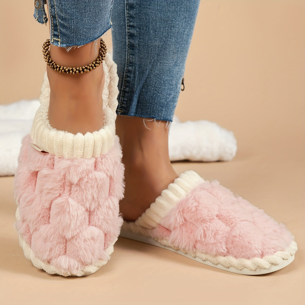 [Cozy Plush Slippers] Soft & Warm Women's Winter Plush Slippers | Cozy Chic Indoor Comfort with Non-Slip PVC Sole, Cream Cuff Detail, Hand Washable