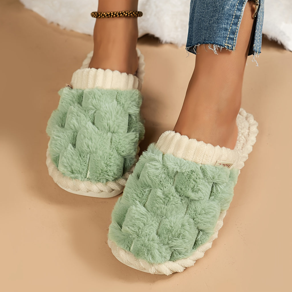 [Cozy Plush Slippers] Soft & Warm Women's Winter Plush Slippers | Cozy Chic Indoor Comfort with Non-Slip PVC Sole, Cream Cuff Detail, Hand Washable