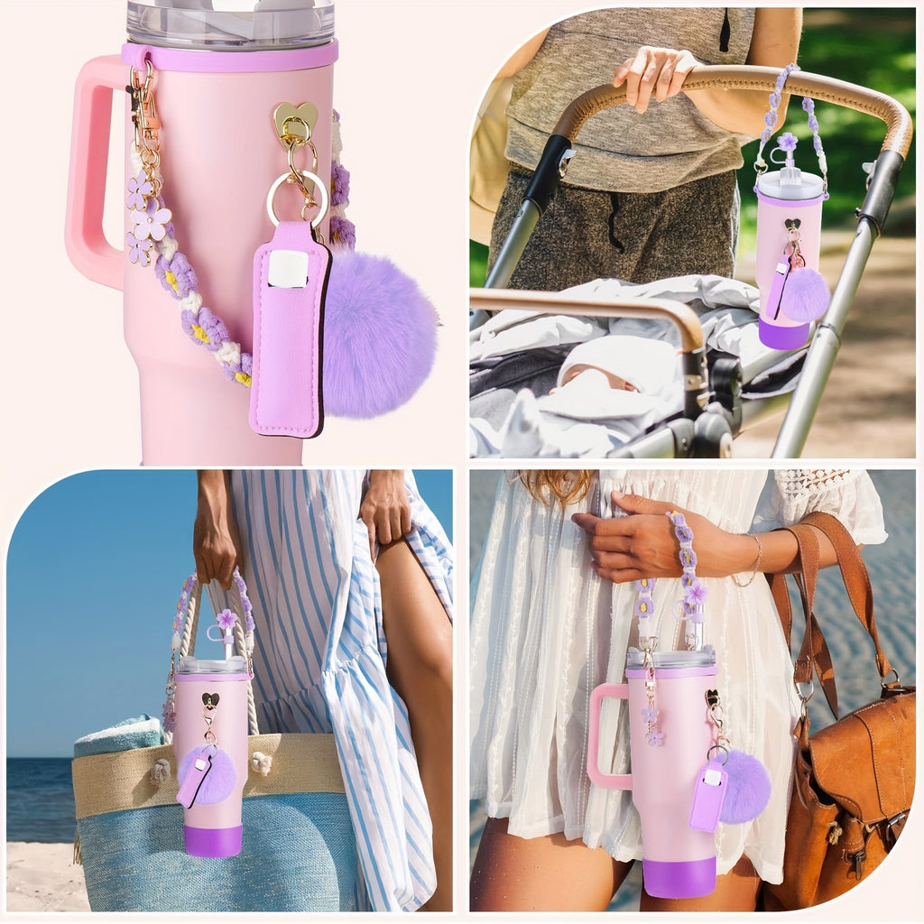 8pcs Cup 30oz 40oz Tumbler Accessories with Handle, Includes Water Bottle Handle Strap, Lipstick Case, Boots, Keychain Charm, Straw Top (Purple)
