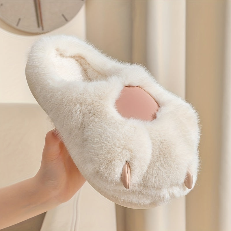 Kawaii Cat Plush Slippers, Warm Fuzzy Slip-On Mules for Women, Cozy Home Slippers