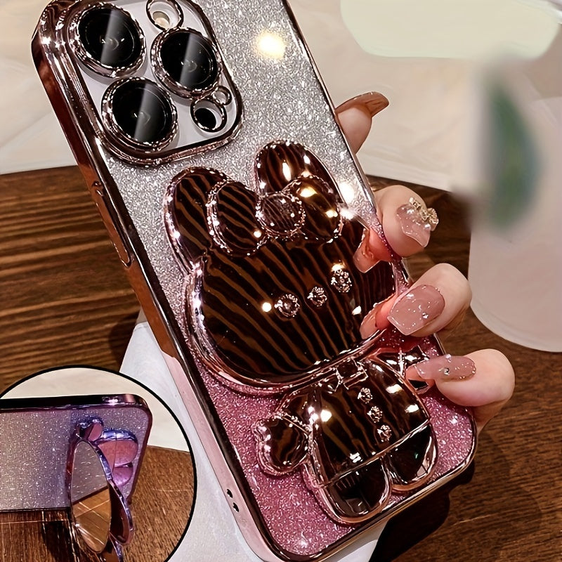 Deluxe Electroplated Phone Case, Invisible Makeup Mirror, Cute Rabbit Phone Holder And Hidden Bracket Shockproof Ultra-thin Protection Suitable For IPhone 11/12/13/14/15 Pro Max