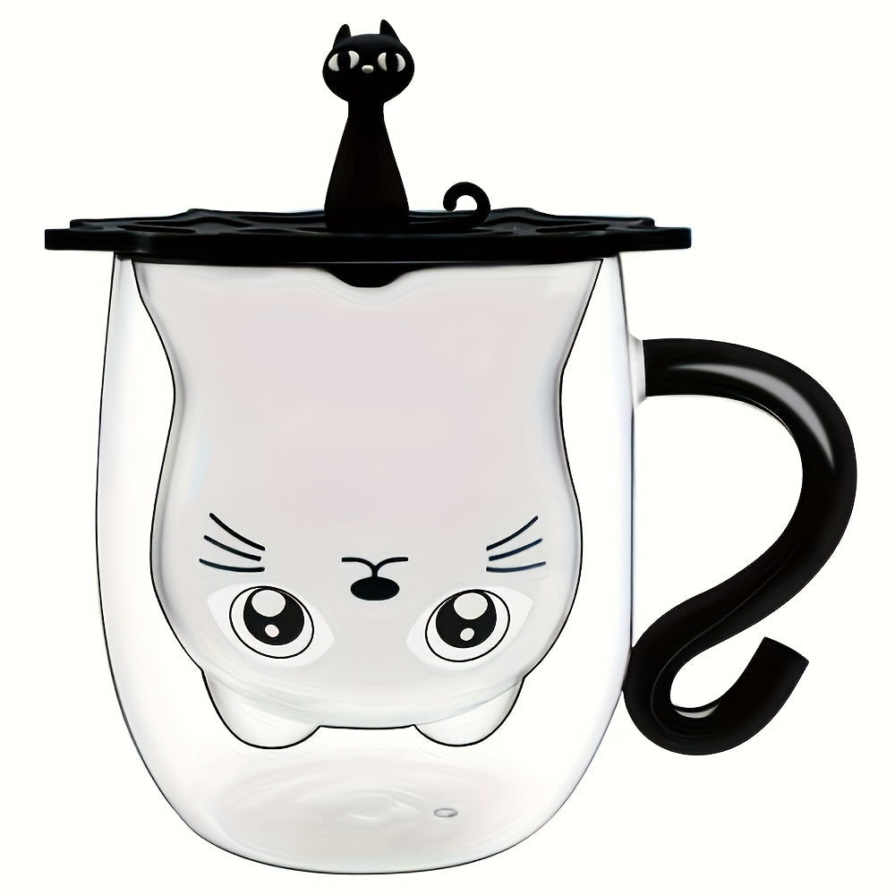 1pc Cute Kawaii Cat Coffee Mug with Double-Wall Insulated Glass Cup, Japanese-Style Brown & White Cat Face Design, Reusable Thermal Cup for Hot/Cold Drinks, Lid Compatible, Perfect Birthday/Christmas Gift for Women & Girls, M