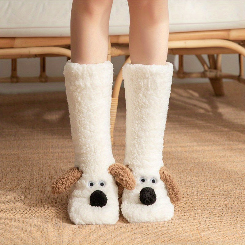 Warm & Soft Plush Cozy Cartoon Dog Winter Socks - Non-Slip Floor Slipper Socks with Cute Animal Designs for Home Use, Autumn, Winter