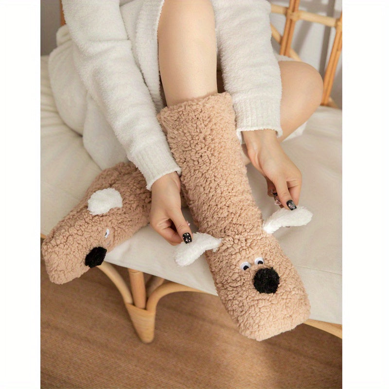 Warm & Soft Plush Cozy Cartoon Dog Winter Socks - Non-Slip Floor Slipper Socks with Cute Animal Designs for Home Use, Autumn, Winter