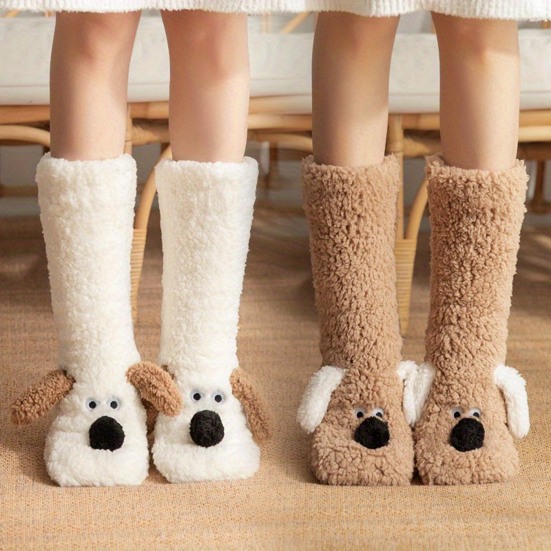 Warm & Soft Plush Cozy Cartoon Dog Winter Socks - Non-Slip Floor Slipper Socks with Cute Animal Designs for Home Use, Autumn, Winter
