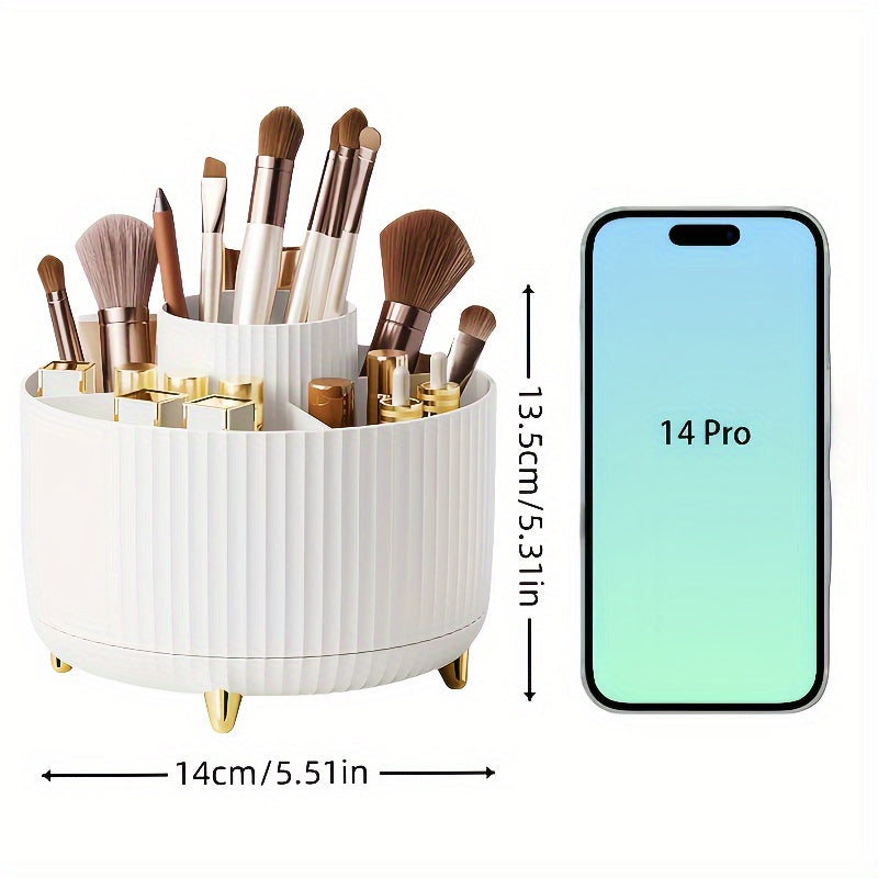 360° Rotating Makeup Organizer - 1pc Plastic Cosmetic Storage with 5 Compartments - Multi-Functional Holder for Brushes, Lipsticks, Skin Care Products, and Stationery - Durable Unscented Desk Caddy with Luxury Stripe Design