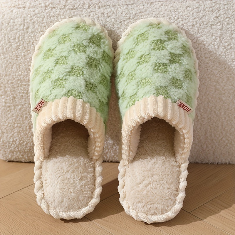 [Cozy Plush Slippers] Soft & Warm Women's Winter Plush Slippers | Cozy Chic Indoor Comfort with Non-Slip PVC Sole, Cream Cuff Detail, Hand Washable