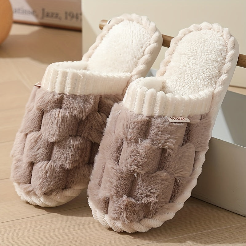 [Cozy Plush Slippers] Soft & Warm Women's Winter Plush Slippers | Cozy Chic Indoor Comfort with Non-Slip PVC Sole, Cream Cuff Detail, Hand Washable
