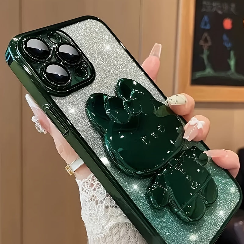 Deluxe Electroplated Phone Case, Invisible Makeup Mirror, Cute Rabbit Phone Holder And Hidden Bracket Shockproof Ultra-thin Protection Suitable For IPhone 11/12/13/14/15 Pro Max