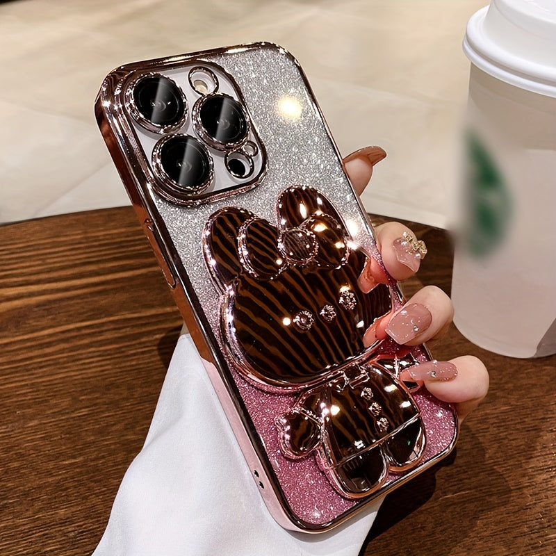 Deluxe Electroplated Phone Case, Invisible Makeup Mirror, Cute Rabbit Phone Holder And Hidden Bracket Shockproof Ultra-thin Protection Suitable For IPhone 11/12/13/14/15 Pro Max