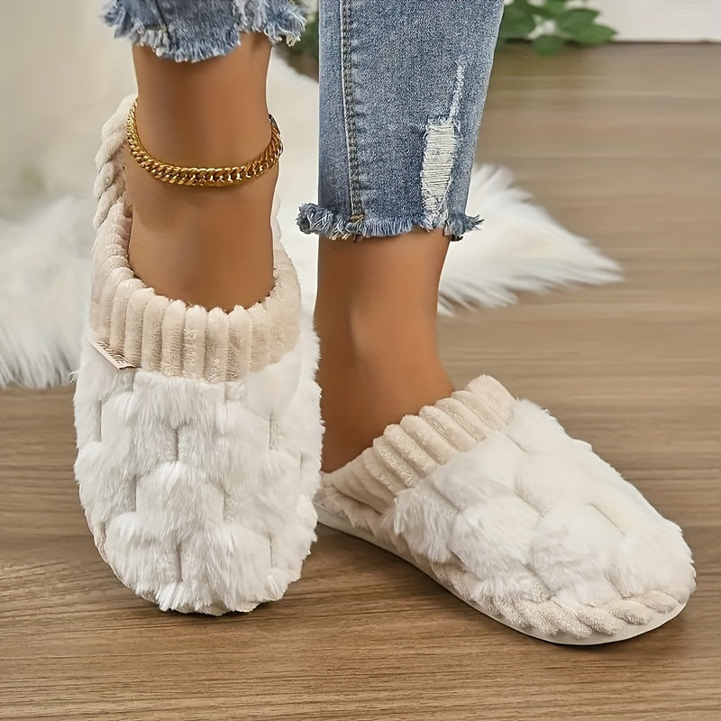 [Cozy Plush Slippers] Soft & Warm Women's Winter Plush Slippers | Cozy Chic Indoor Comfort with Non-Slip PVC Sole, Cream Cuff Detail, Hand Washable
