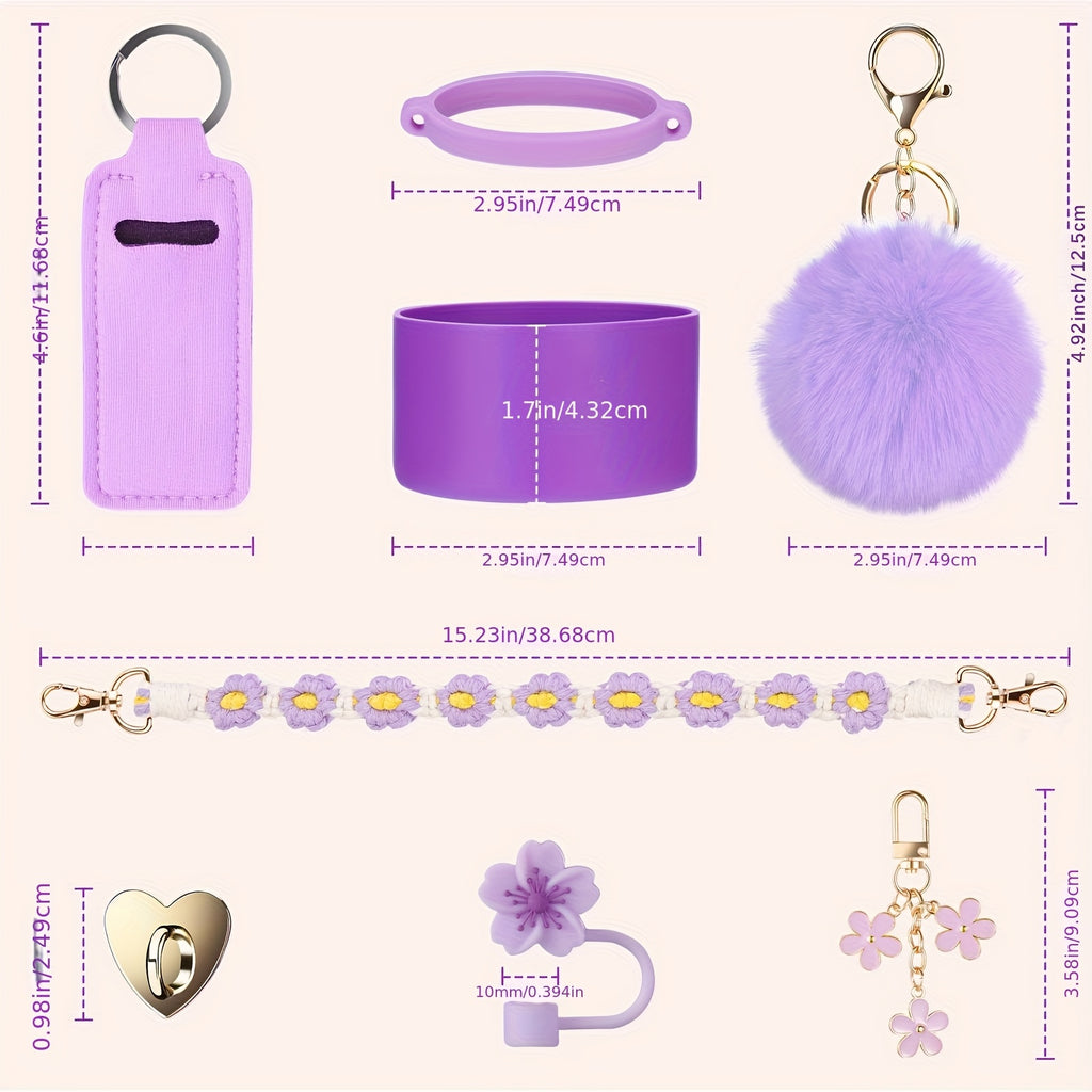 8pcs Cup 30oz 40oz Tumbler Accessories with Handle, Includes Water Bottle Handle Strap, Lipstick Case, Boots, Keychain Charm, Straw Top (Purple)