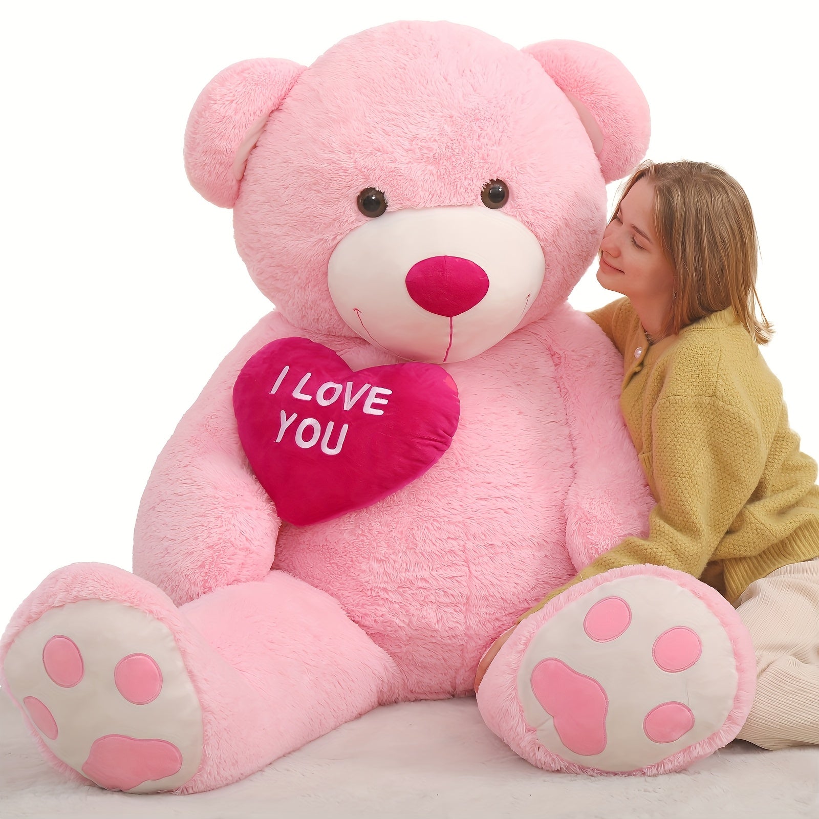 Giant Pink Teddy Bear with Heart, 6ft Polyester Fiber Stuffed Animal, "I Love You" Message, Perfect for Girlfriend, Boyfriend, Wife, Anniversary, Valentine's Day Gift, Stuffed Plushies