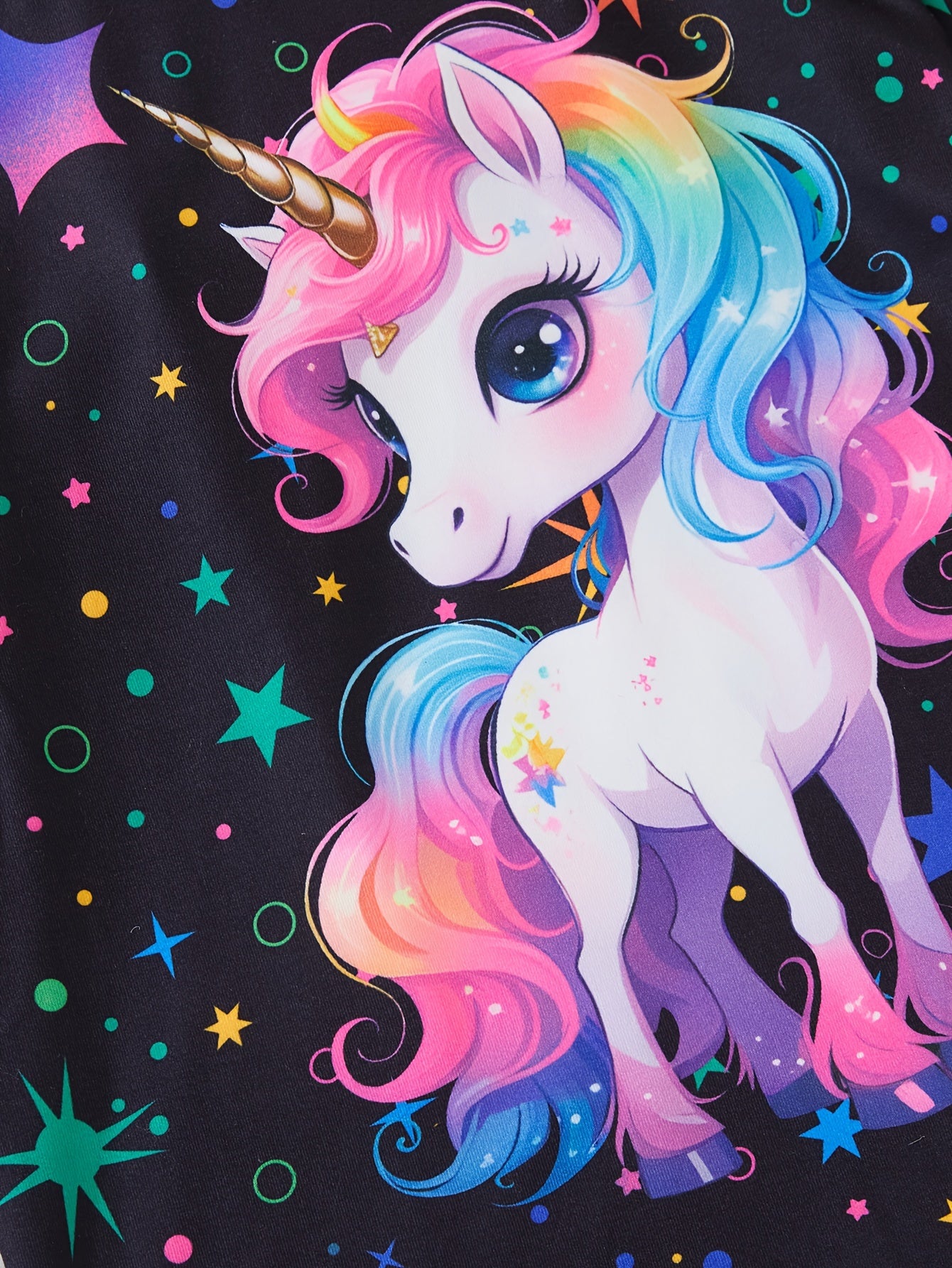 Girls' Spring/Autumn/Summer 2pcs Set with Luminous Cute Unicorn Pattern Round Neck Hoodie T-shirt Short Sleeve Top + Luminous Starry Sky Print Elastic Waist Trousers with Tied Feet Pants Cute Style Pants Suit, Suitable for Ou