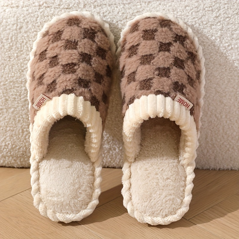 [Cozy Plush Slippers] Soft & Warm Women's Winter Plush Slippers | Cozy Chic Indoor Comfort with Non-Slip PVC Sole, Cream Cuff Detail, Hand Washable