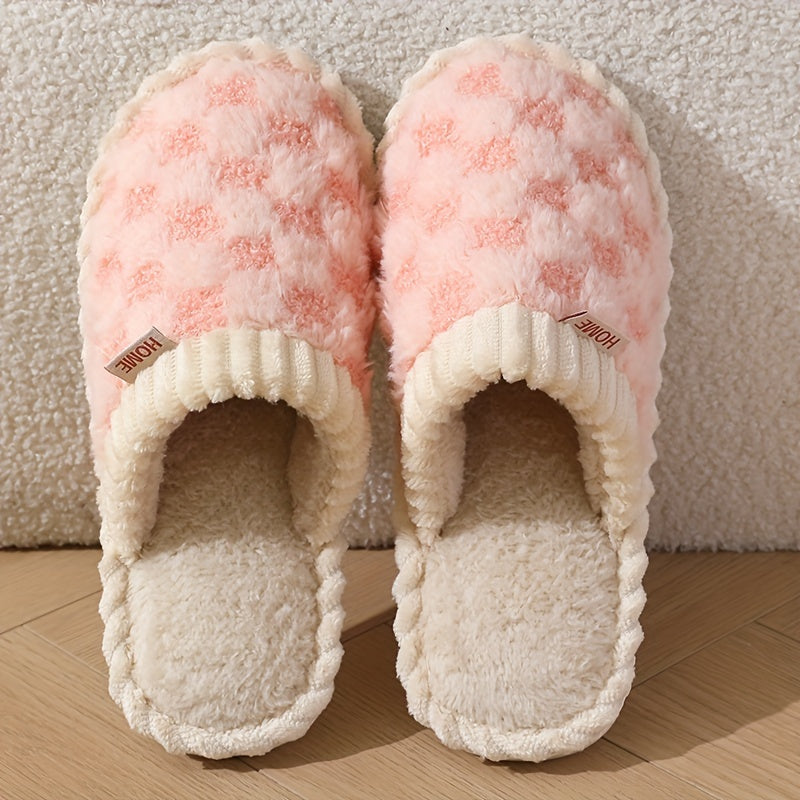 [Cozy Plush Slippers] Soft & Warm Women's Winter Plush Slippers | Cozy Chic Indoor Comfort with Non-Slip PVC Sole, Cream Cuff Detail, Hand Washable